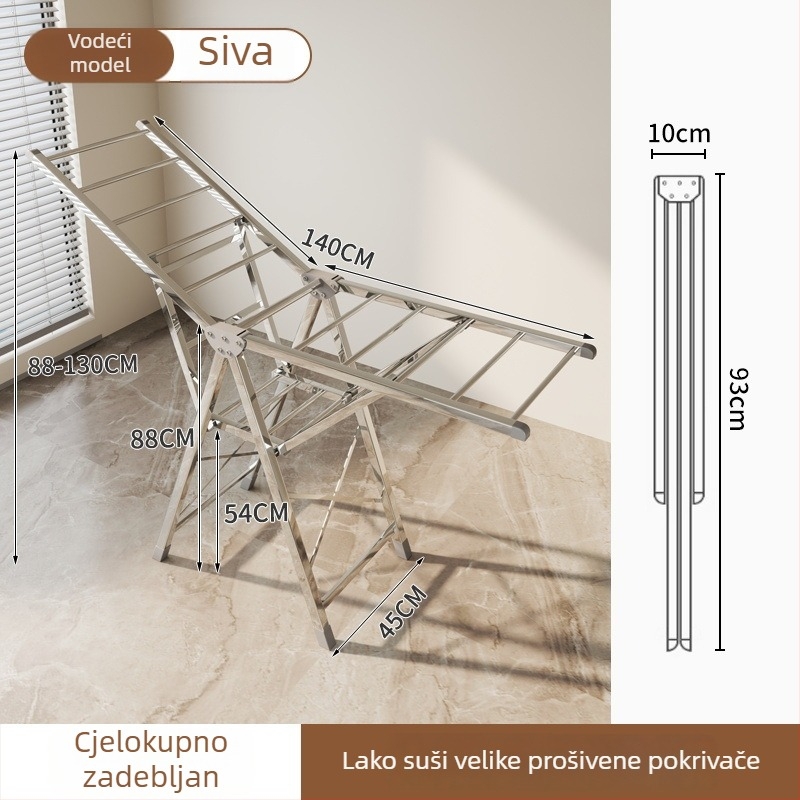 Stojeće sklopivo sušilo za odjeću u obliku krila, proširene širine, velike kapacitete za odjeću i deke, za unutarnju i vanjsku upotrebu