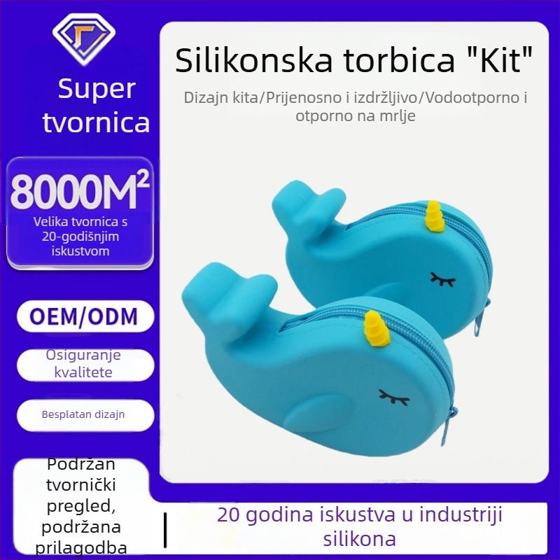 Silikonski novčanik za sitniš sa simpatičnim crtanim kitom, zatvarač i prostor za kabelske i slušalice