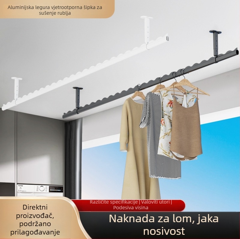 Fiksni balkonski sušilica odjeće od nehrđajućeg čelika s perforiranom šipkom za vješanje i nosačem od aluminijske legure