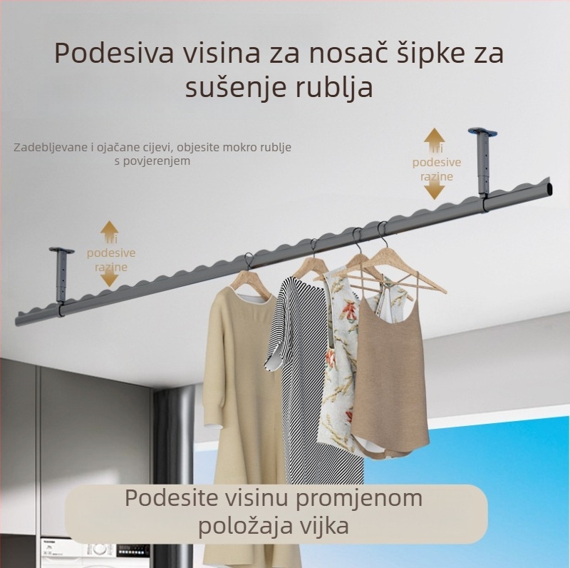 Fiksni balkonski sušilica odjeće od nehrđajućeg čelika s perforiranom šipkom za vješanje i nosačem od aluminijske legure