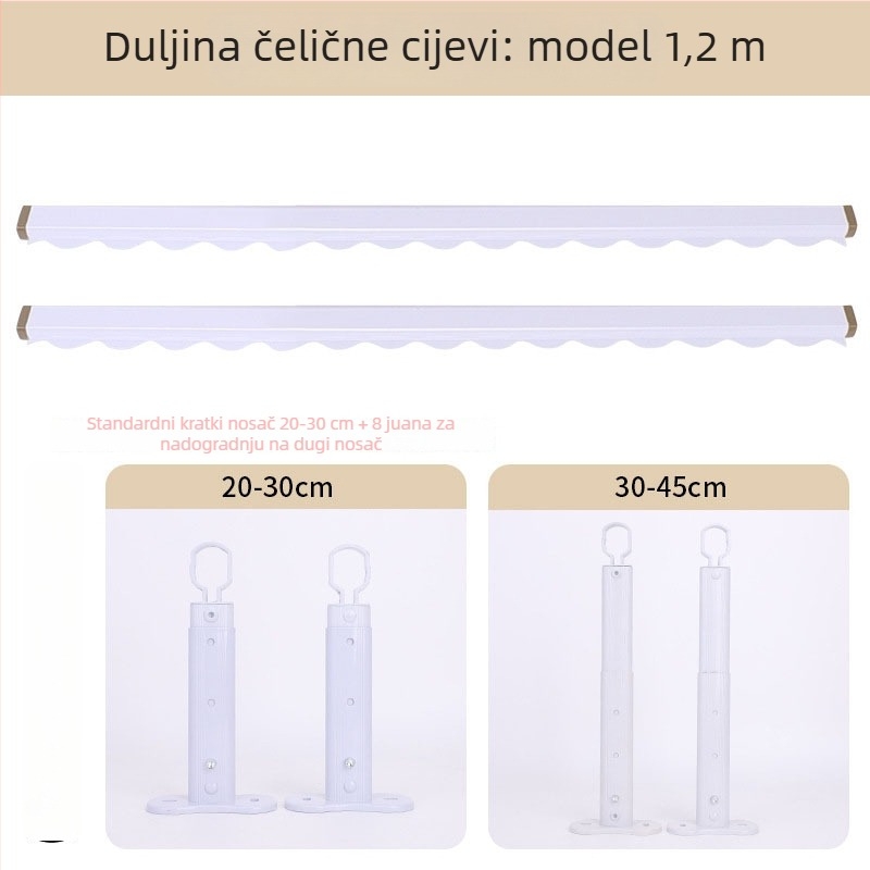 Fiksni balkonski sušilica odjeće od nehrđajućeg čelika s perforiranom šipkom za vješanje i nosačem od aluminijske legure