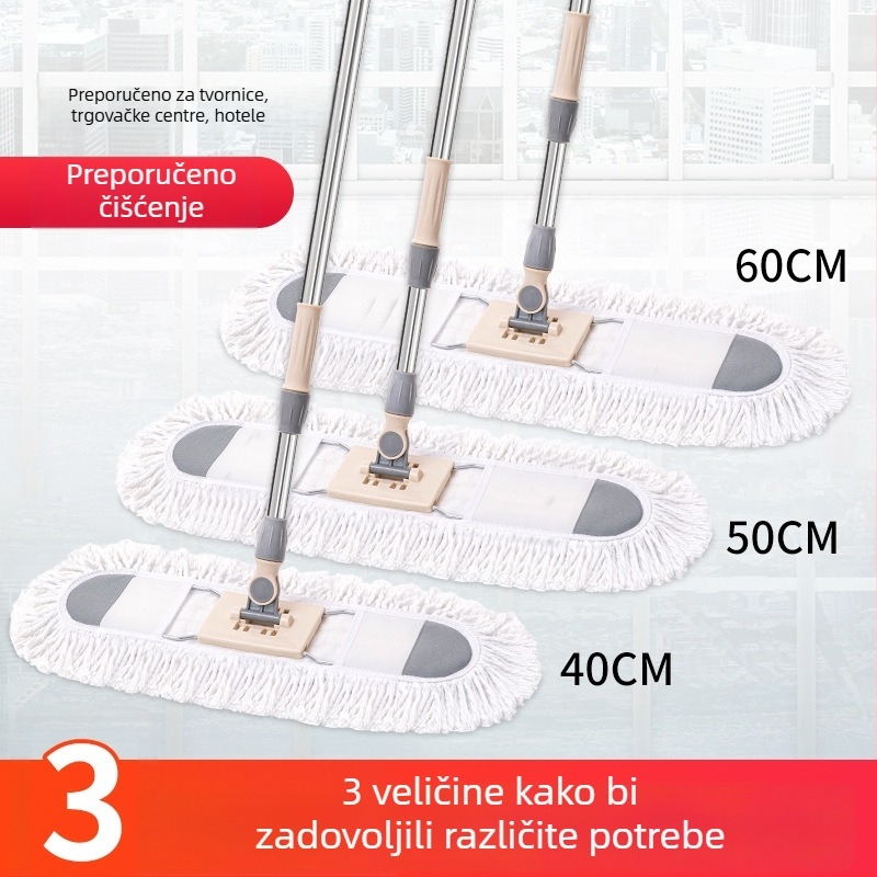 Veliki ravni mop s glavom od pamukastih vlakana; okretni dizajn; dvostruko mokro i suho čišćenje; pogodno za pločice i drvene podove.