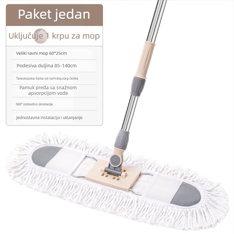 Veliki ravni mop s glavom od pamukastih vlakana; okretni dizajn; dvostruko mokro i suho čišćenje; pogodno za pločice i drvene podove.