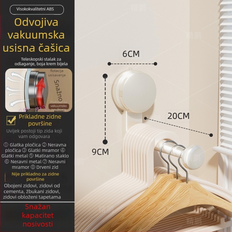 Zidni držač za odjeću s usisnom čašom, teleskopskim produženjem i organizatorom odjeće