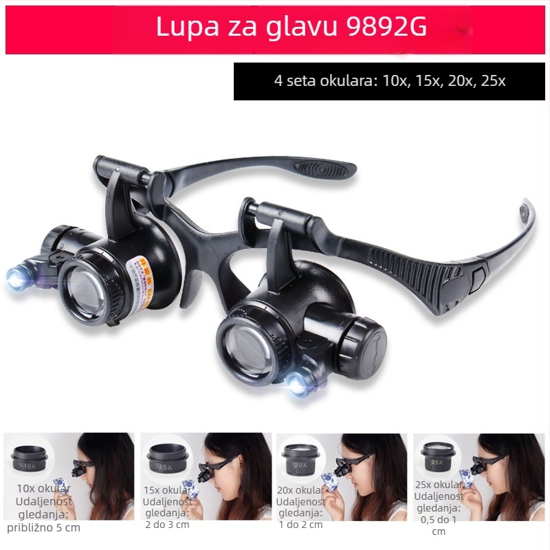 Binokularna lupa za glavu s povećanjima 10x–25x, LED osvjetljenje na zaštitnoj maski za oči za popravak satova i procjenu antikviteta