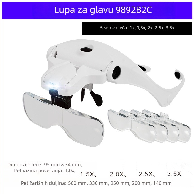 Binokularna lupa za glavu s povećanjima 10x–25x, LED osvjetljenje na zaštitnoj maski za oči za popravak satova i procjenu antikviteta