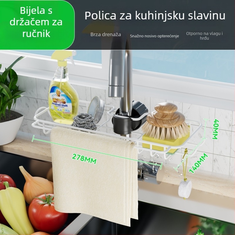 Kuhinjski organizator slavine s držalom za spužvice i krpe, odvodna polica za sudoperu
