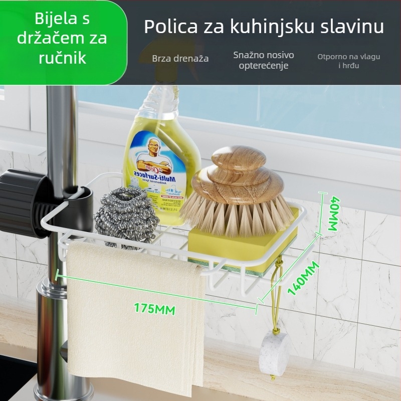Kuhinjski organizator slavine s držalom za spužvice i krpe, odvodna polica za sudoperu