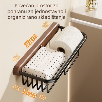 Držač toaletnog papira od orašastog drveta, zidni za kupaonicu – kutija i košarica