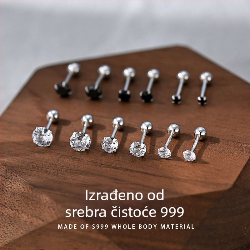 Unisex naušnice od srebra 999 s dijamantima, geometrijski dizajn, vijčano zatvaranje