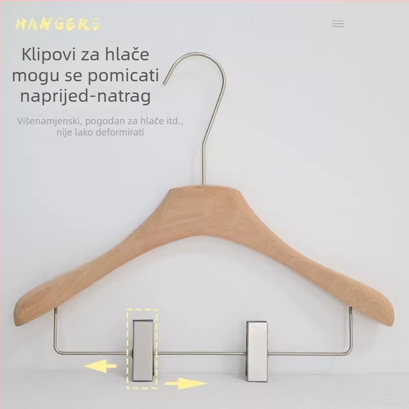 Vješalice od masivnog drveta za trgovine odjećom, protuklizne, bez tragova, deblje i šire, s klipsama za hlače, prirodni drveni završni ton