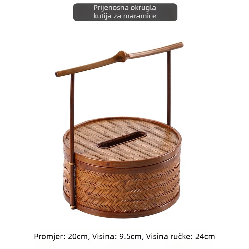 Bambusko-pletena lakirana kutija za papirnate maramice s ručkom, retro kineski stil, dekor za dnevni boravak i čajnu ceremoniju