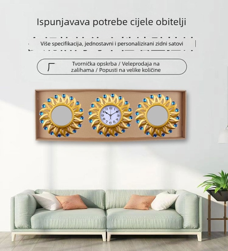 Zidni sat s tri dijamantna ogledala – okrugli ukrasni sat za dnevnu sobu i spavaću sobu
