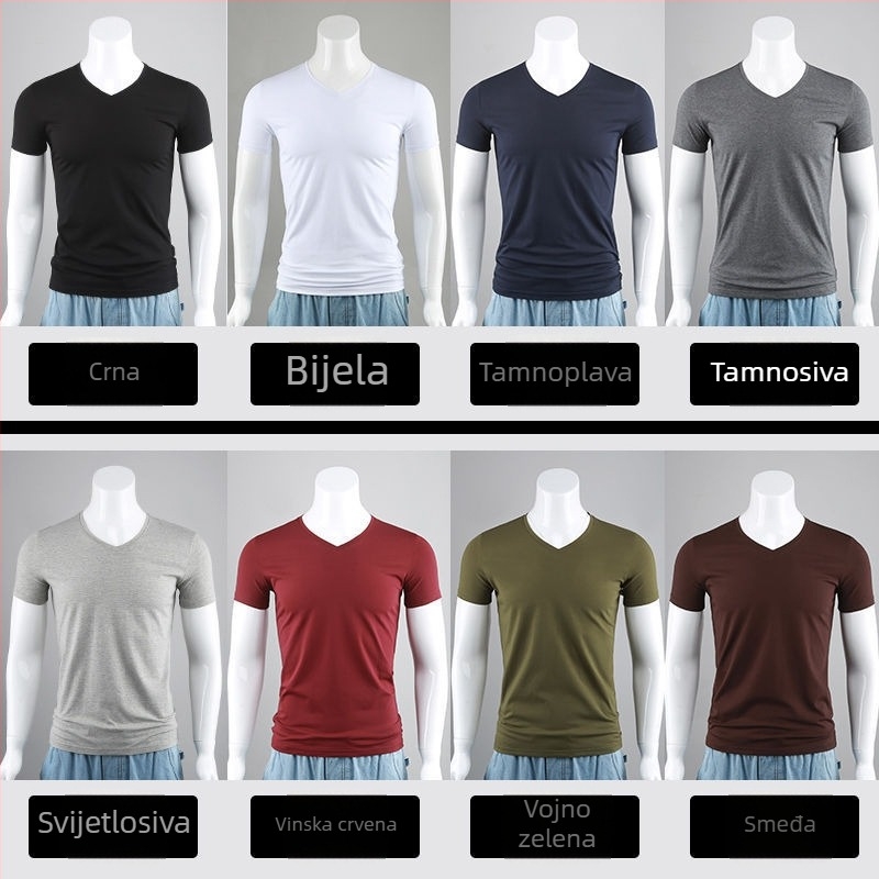 Muško T-shirt s V-izrezom, uskog kroja, kratki rukav, crna jednobojna