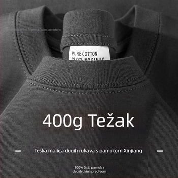 Muški pamučni T-shirt s dugim rukavima, tamno siva, 400 g, slobodan kroj, jednobojan, debeo i neproziran