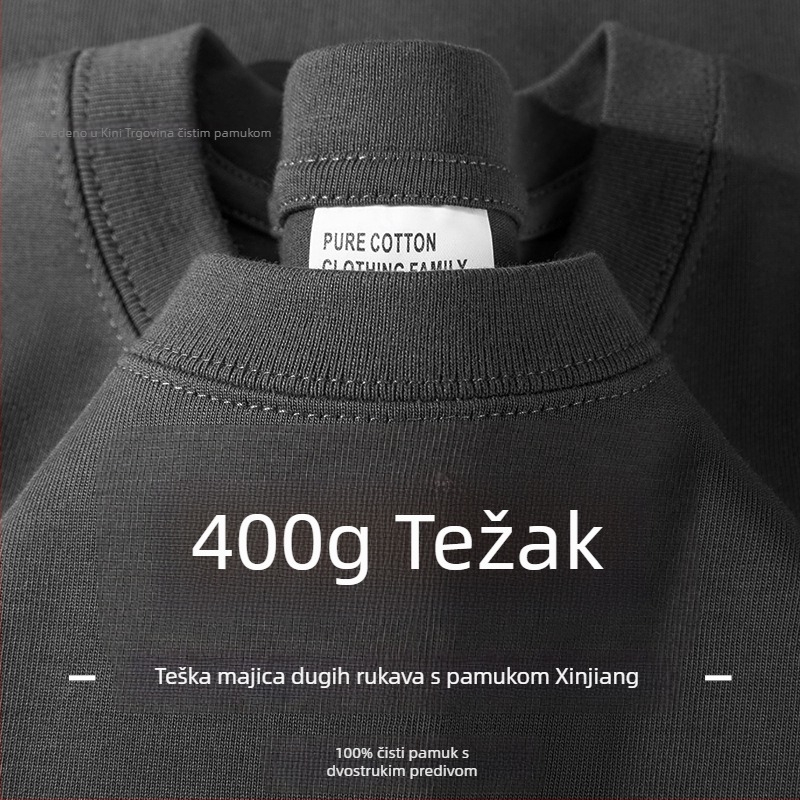 Muški pamučni T-shirt s dugim rukavima, tamno siva, 400 g, slobodan kroj, jednobojan, debeo i neproziran