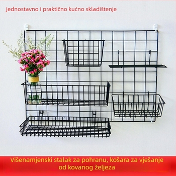 Plavi mrežasti stalak s ladicom i visećim košem za kupaonicu