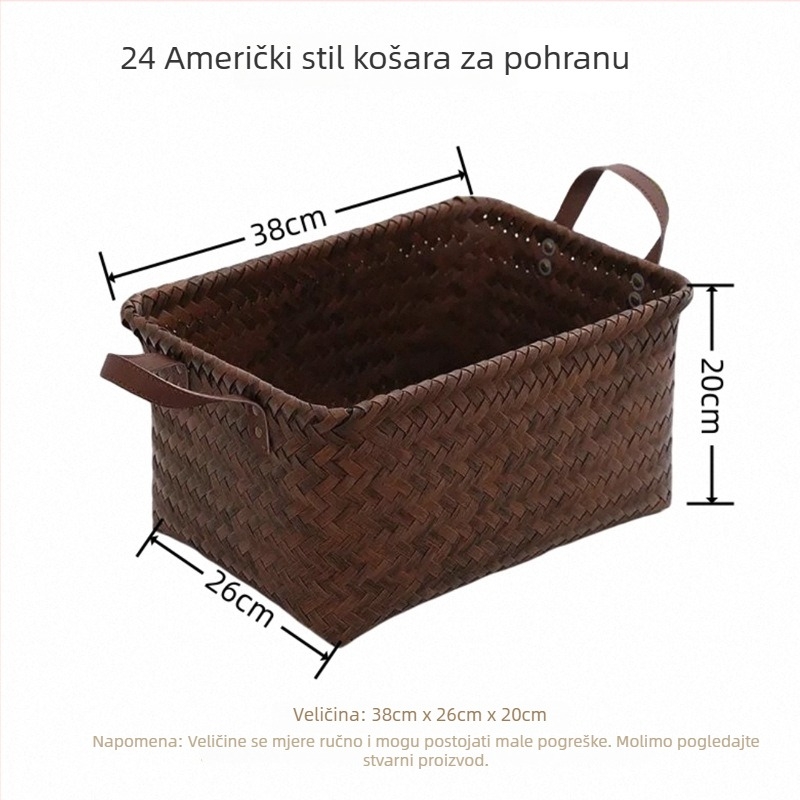 Američkog stila košarica za pohranu, ručno pletena, imitacija ratana, PU ručka, koš za rublje za kupaonicu