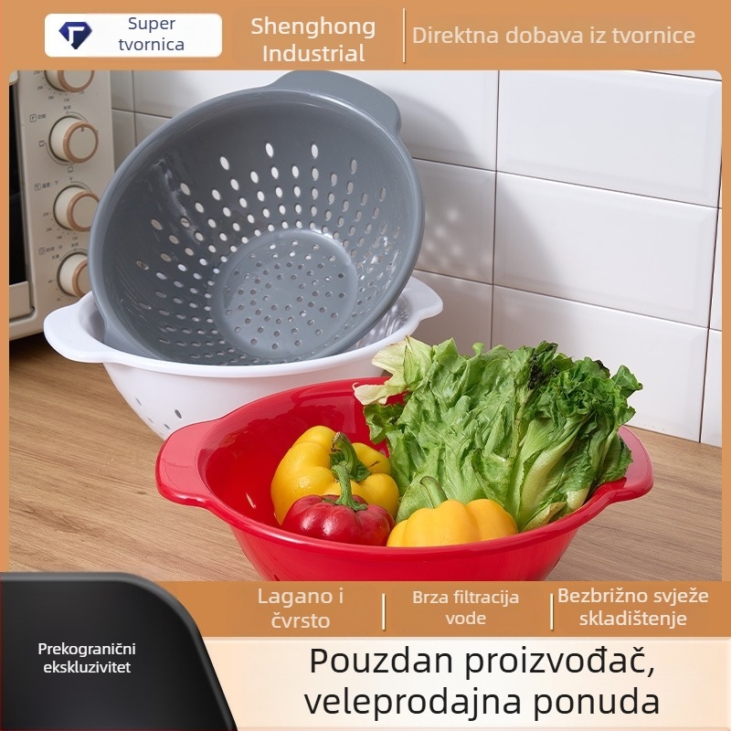 Velika plastična kuhinjska cjedilica s dvjema ručkama, debeli sudoper za pranje povrća i voća, pladanj za voće