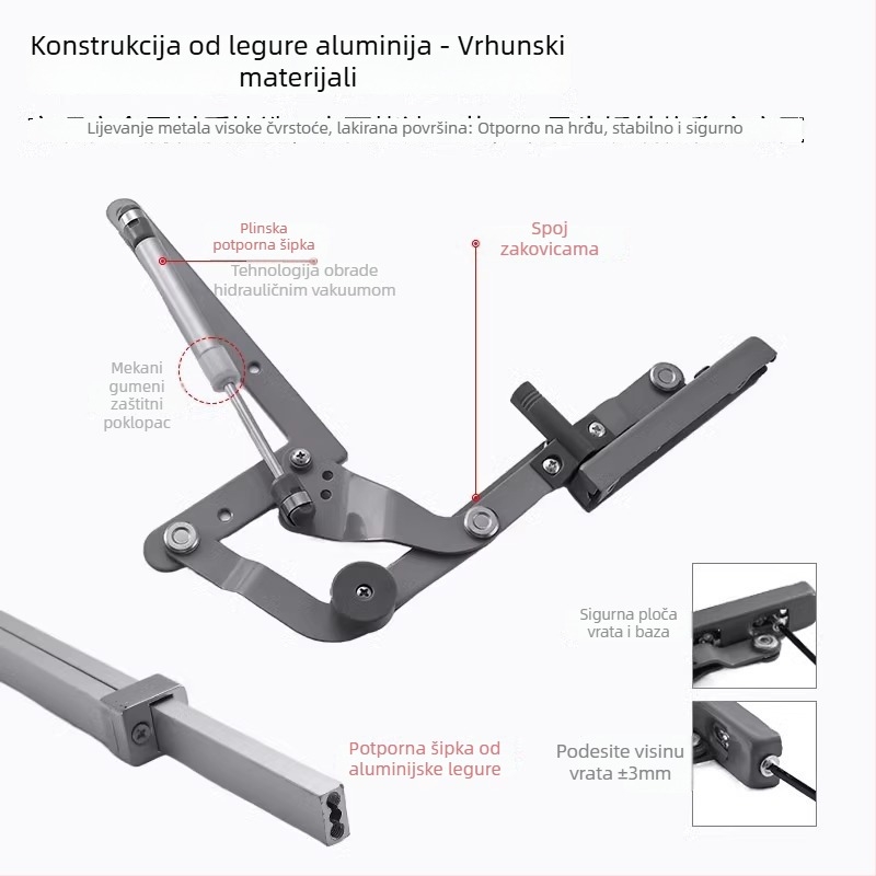 Pneumatska potporna šipka za ormarske vrata na tračnici – hidraulički amortizer, metalni pribor