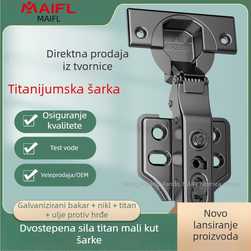 Pantan od titanijskog legura s dvostupanjskim amortizacijskim mehanizmom, nehrđajući čelik, mali kut, vodootporan, za vrata ormara i garderobe, pogodan za debele i tanke vrata