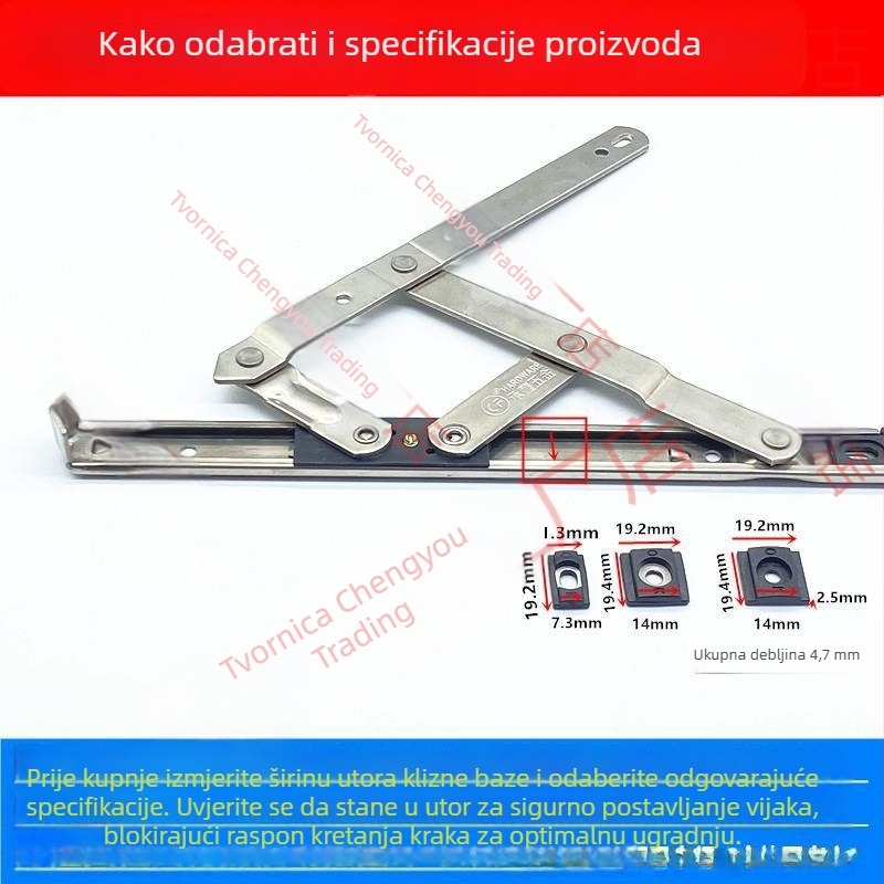 Aluminijski šarnir prozora tipa casement s blokom za pozicioniranje protiv sudara, nehrđajući čelični klizni ograničivač i mehanizam zaključavanja za unutarnji/vanjski prozor