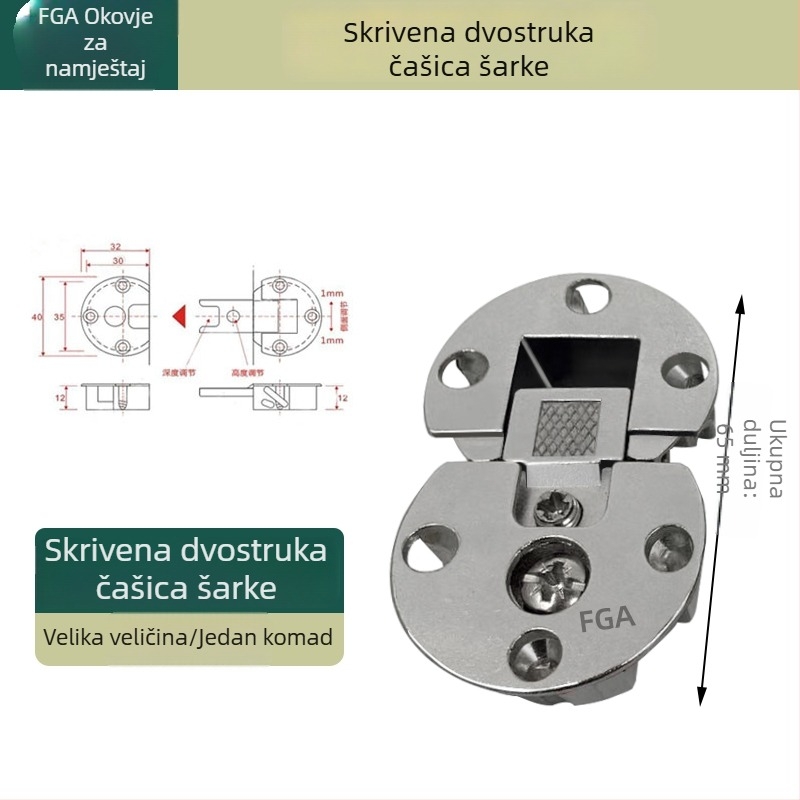 Skrivene šarke vrata ormara s 90° otvaranjem prema dolje, ravni polukružni oblik od cinkog legura, mali panti