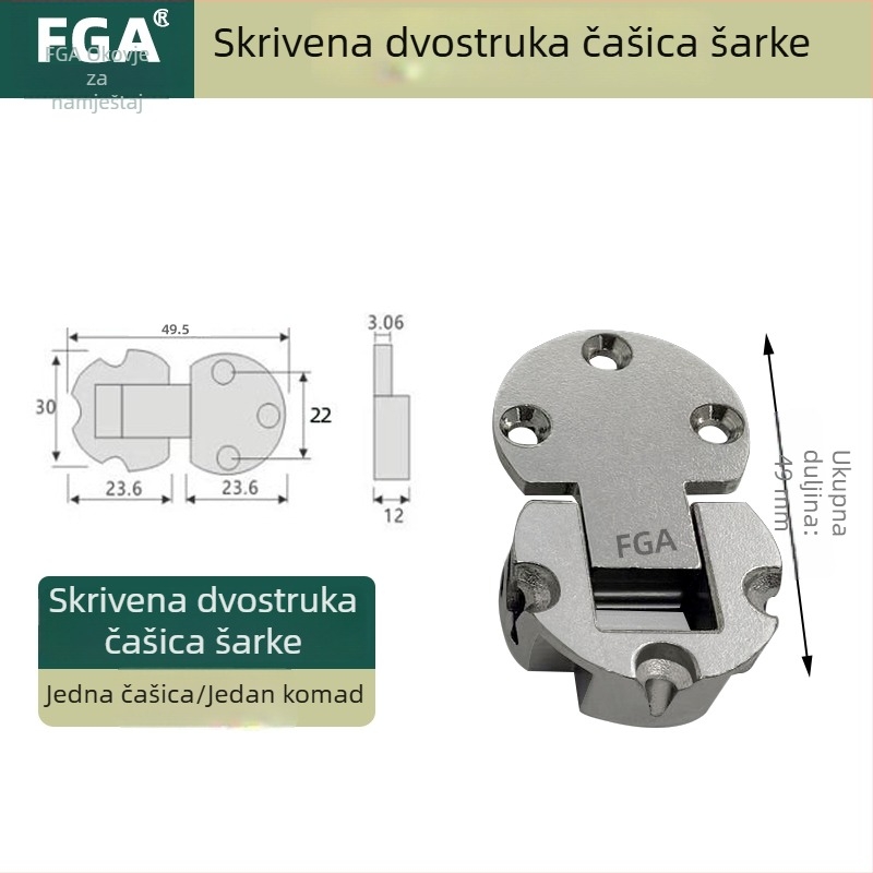 Skrivene šarke vrata ormara s 90° otvaranjem prema dolje, ravni polukružni oblik od cinkog legura, mali panti