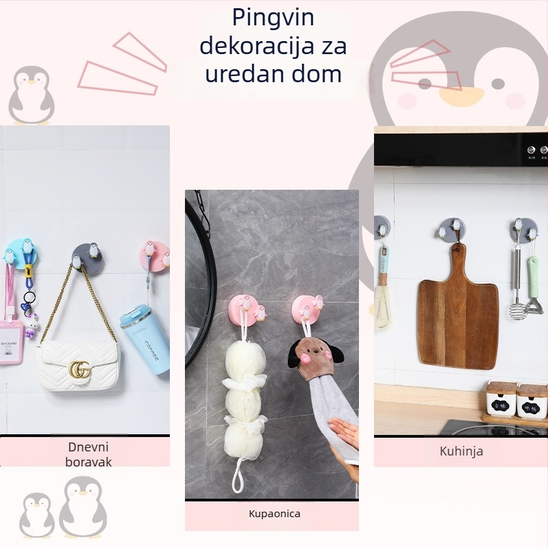 Pingvin oblik sklapan ljepilni vješalica za vrata bez bušenja, za kupaonicu i kuhinju, višenamjenski