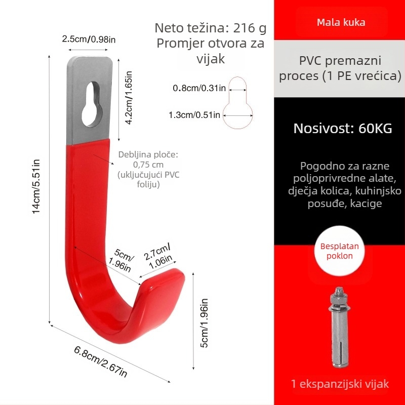 Vanjski teški zidni kuka za garažu, metalni, jednokančni kuk, za alate i vodovodne cijevi, minimalistički dizajn, nosivost iznad 30 kg
