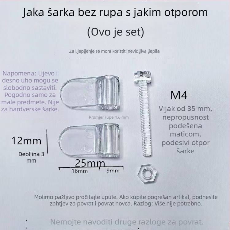 Prozirne akrilne amortizirajuće šarke za male ormare, s podesivim zaustavnim momentom, sklopni dizajn