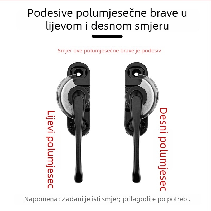 Polumjeseva brava od aluminijske legure za prozore i klizna vrata, razmak rupa 52, sigurnosni dodatak