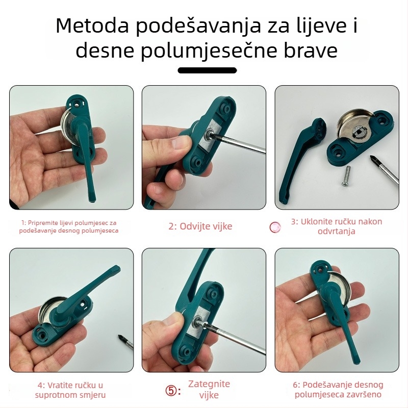 Polumjeseva brava od aluminijske legure za prozore i klizna vrata, razmak rupa 52, sigurnosni dodatak