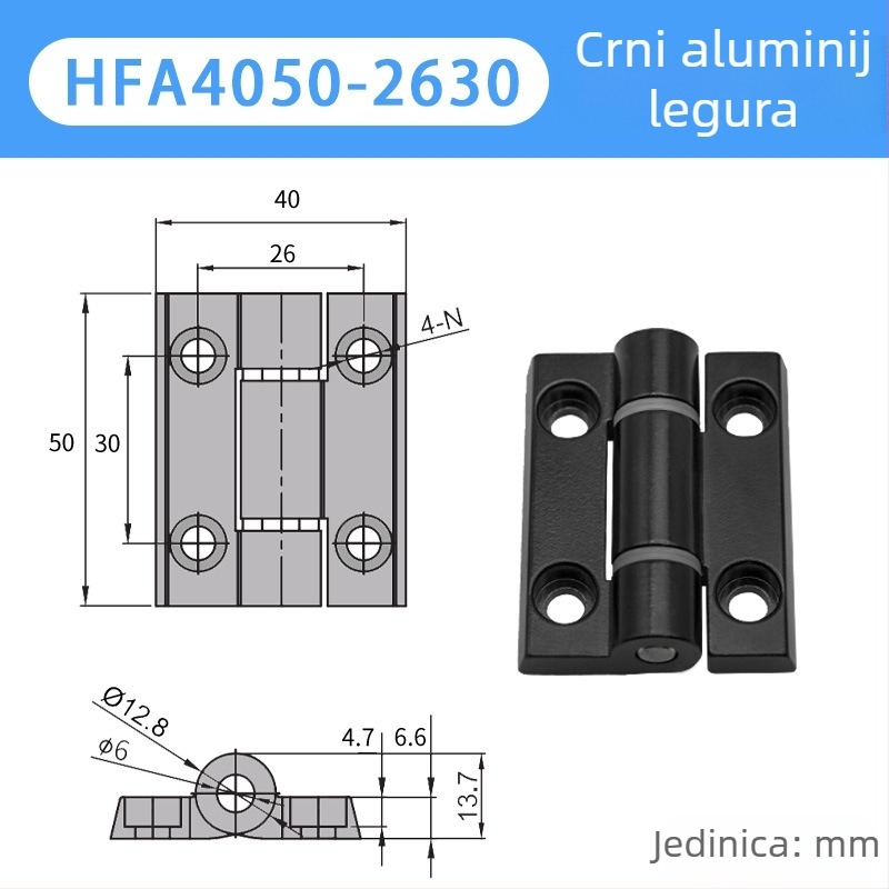 Aluminijski spojni šarka HFA4050-2630, tih, teške nosivosti, za vrata ormarića i prozore