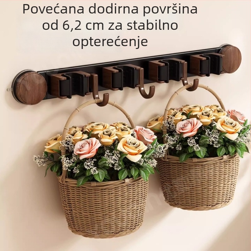 Držač za mop i metlu od drveta s usisnim kotom, zidni bez bušenja, vintage stil, nosivost preko 30 kg