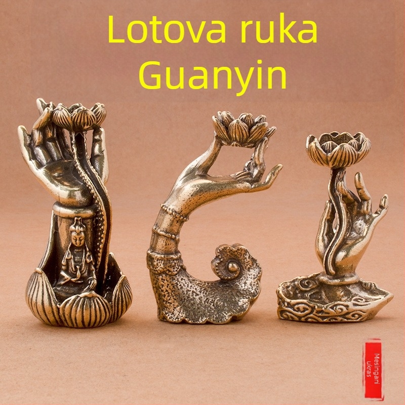 Mosazna Guanyin skulptura s lotosovim listom, ruka drži držač za mirisne štapiće i podmetač s povratnim tokom dima – dekor za dom i ured
