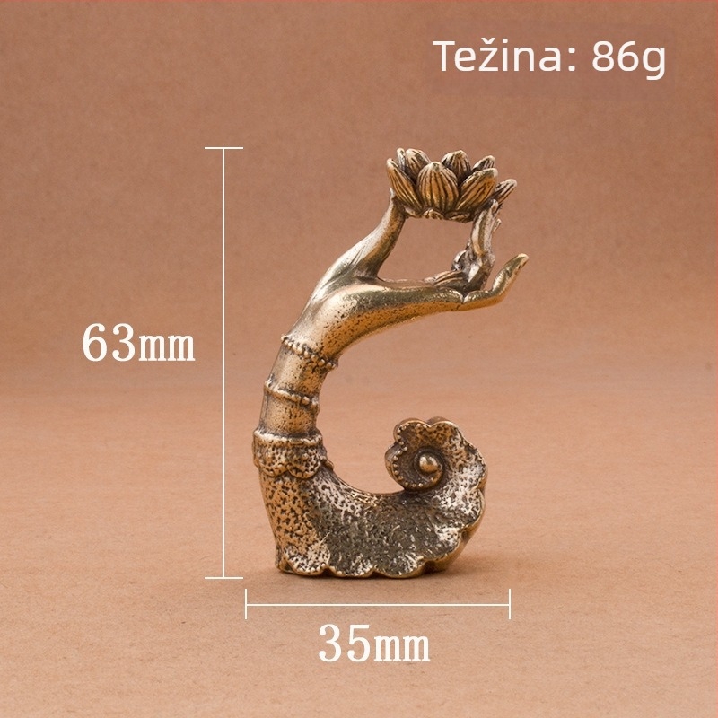 Mosazna Guanyin skulptura s lotosovim listom, ruka drži držač za mirisne štapiće i podmetač s povratnim tokom dima – dekor za dom i ured