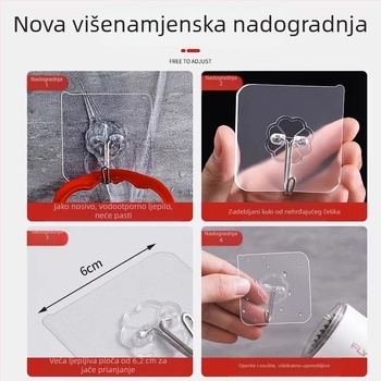 Prozirna zidna kuka s ljepilom i usisnom čašicom, bez bušenja, nosivost 5–10 kg, za dom i kuhinju