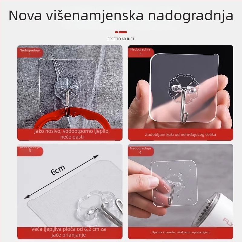 Prozirna zidna kuka s ljepilom i usisnom čašicom, bez bušenja, nosivost 5–10 kg, za dom i kuhinju