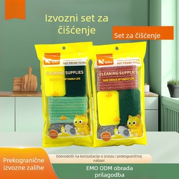 Petkomponentni set za čišćenje kuhinje: krpa za čišćenje, blok spužve, kuglica od čelične vate, drgnuća špongija, četka za posuđe i lonce