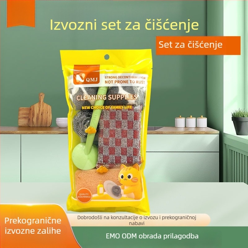 Petkomponentni set za čišćenje kuhinje: krpa za čišćenje, blok spužve, kuglica od čelične vate, drgnuća špongija, četka za posuđe i lonce