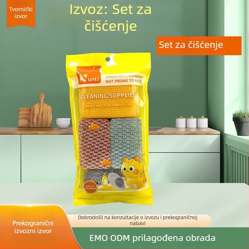 Petkomponentni set za čišćenje kuhinje: krpa za čišćenje, blok spužve, kuglica od čelične vate, drgnuća špongija, četka za posuđe i lonce