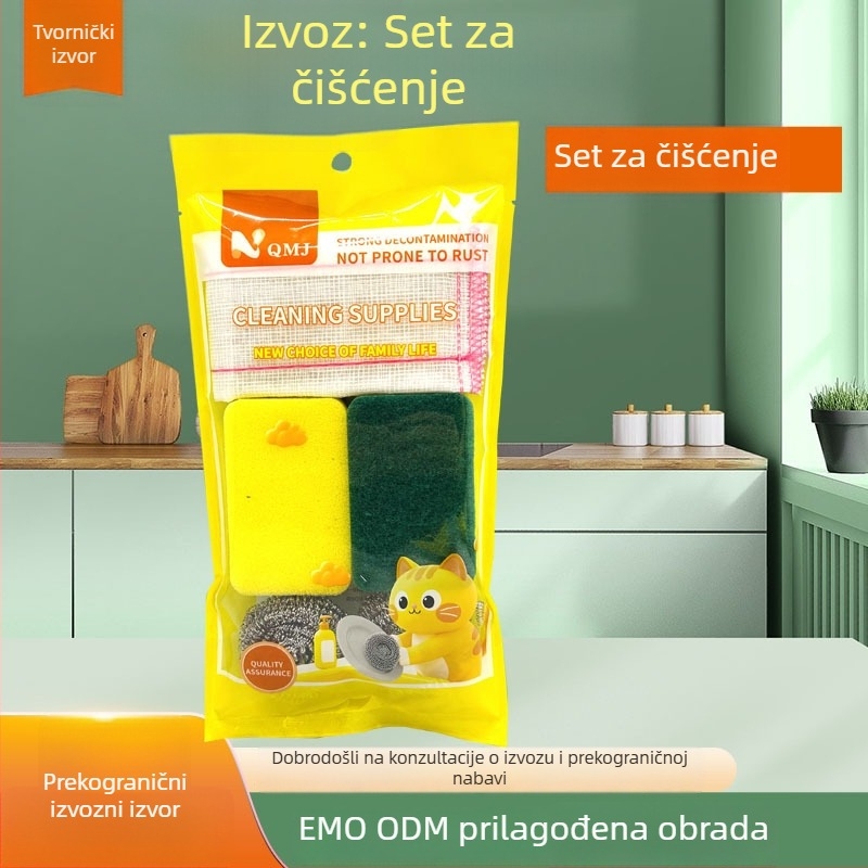 Petkomponentni set za čišćenje kuhinje: krpa za čišćenje, blok spužve, kuglica od čelične vate, drgnuća špongija, četka za posuđe i lonce
