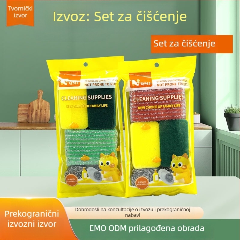 Petkomponentni set za čišćenje kuhinje: krpa za čišćenje, blok spužve, kuglica od čelične vate, drgnuća špongija, četka za posuđe i lonce