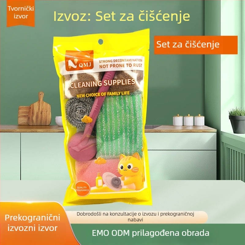 Petkomponentni set za čišćenje kuhinje: krpa za čišćenje, blok spužve, kuglica od čelične vate, drgnuća špongija, četka za posuđe i lonce