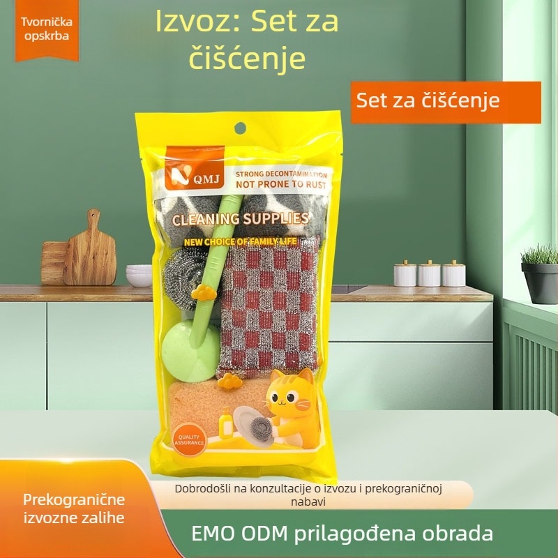 Petkomponentni set za čišćenje kuhinje: krpa za čišćenje, blok spužve, kuglica od čelične vate, drgnuća špongija, četka za posuđe i lonce