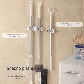 Držač za mop s dvije kukice, zidni montažni, bez bušenja, kupaonica