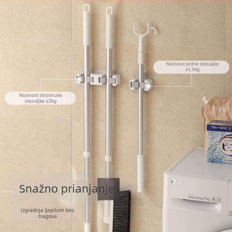 Držač za mop s dvije kukice, zidni montažni, bez bušenja, kupaonica