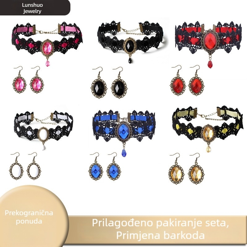 Gotički set od čipkaste chokera, naušnice i ogrlica s privjeskom