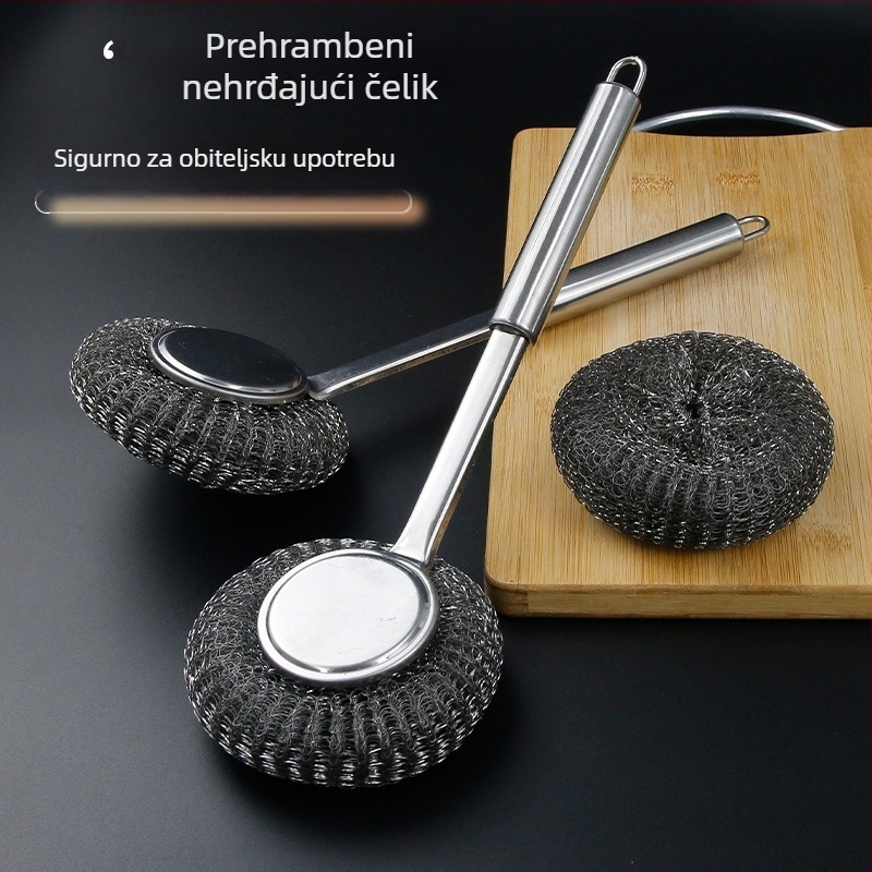 Nehrđajuća čelična četka za lonce s dugim držalom – kućna četka za čišćenje posuđa s velikom žičanom kuglom
